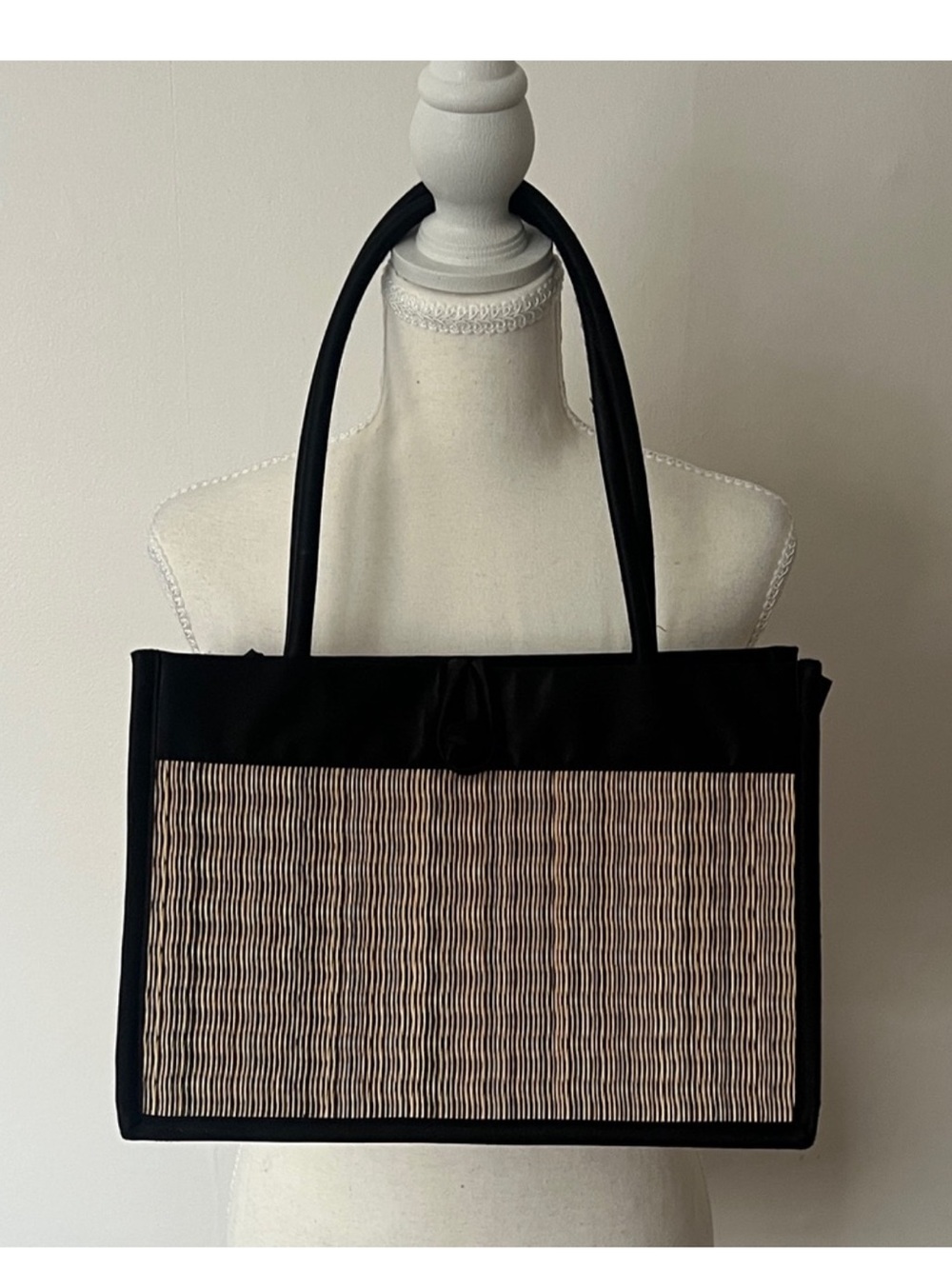 Black and Beige Woven Panel Tote Bag, Womens